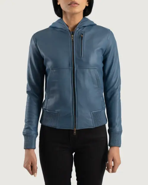 Cosmic Blue Hooded Leather Bomber Jacket